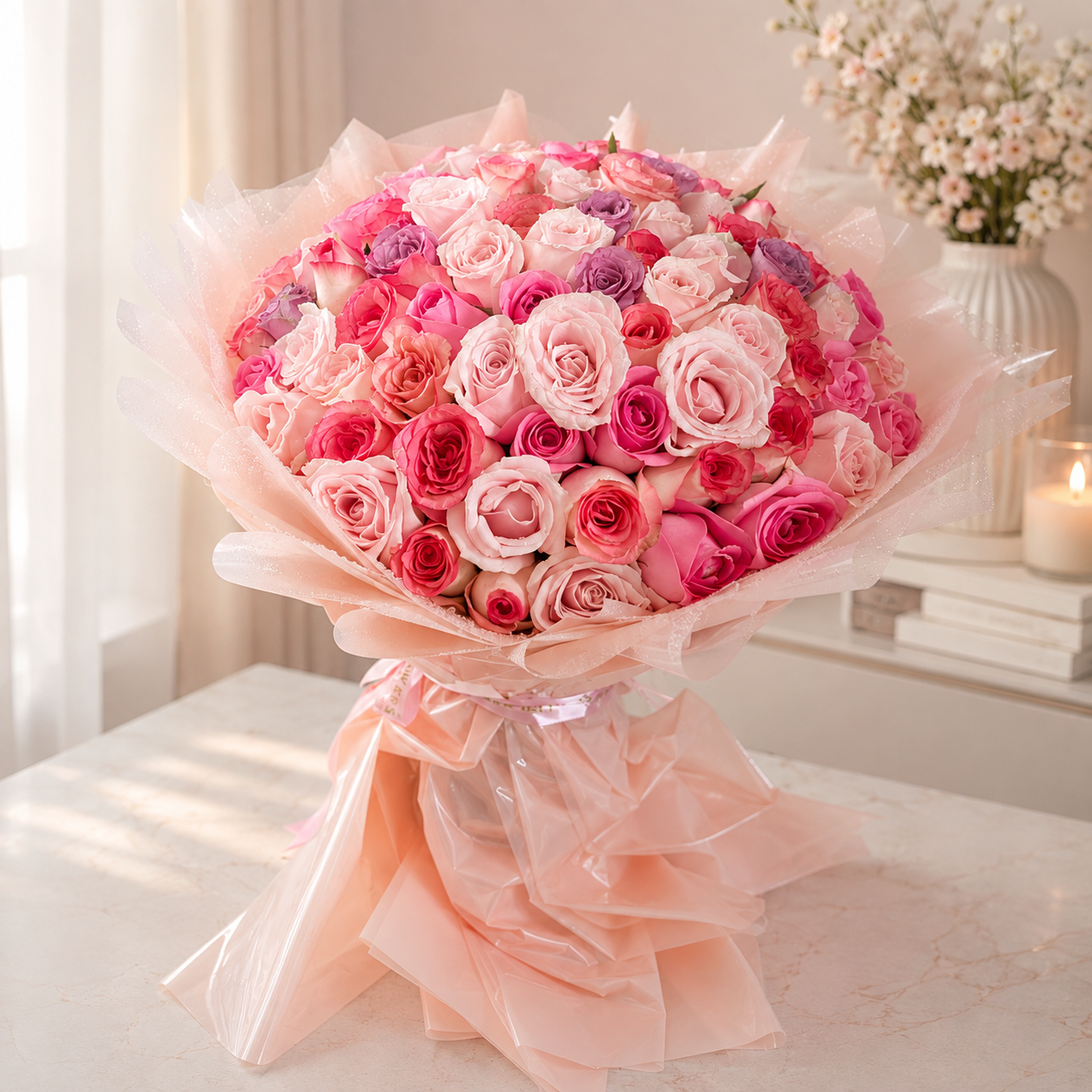 100 pink roses bouquet in four shades with pink Korean-style wrapping