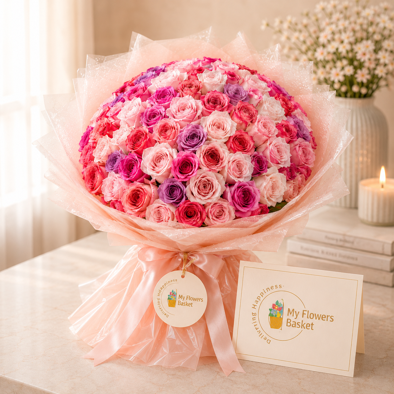 100 pink roses bouquet prepared as a romantic flower gift