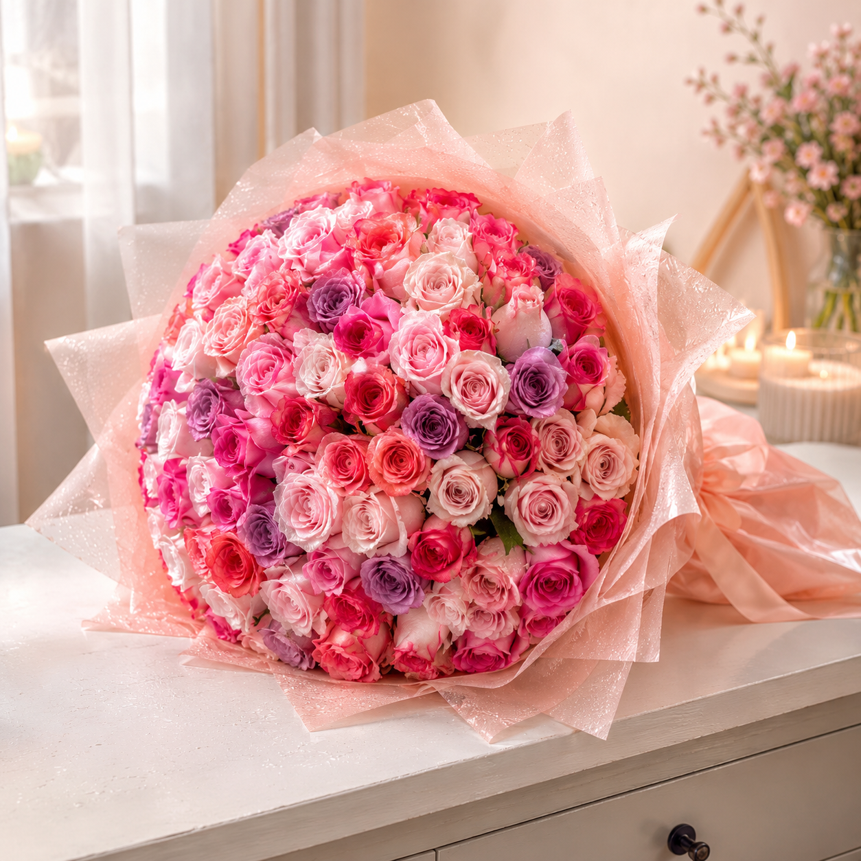 Side view of large 100 pink roses bouquet with Korean wrapping