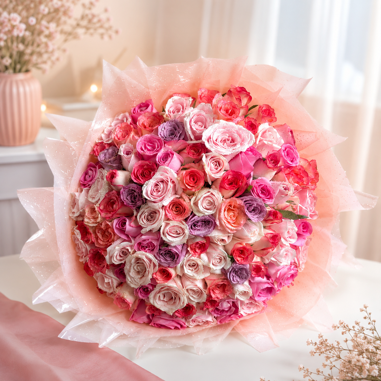 top view of 100 pink roses bouquet with pink satin ribbon