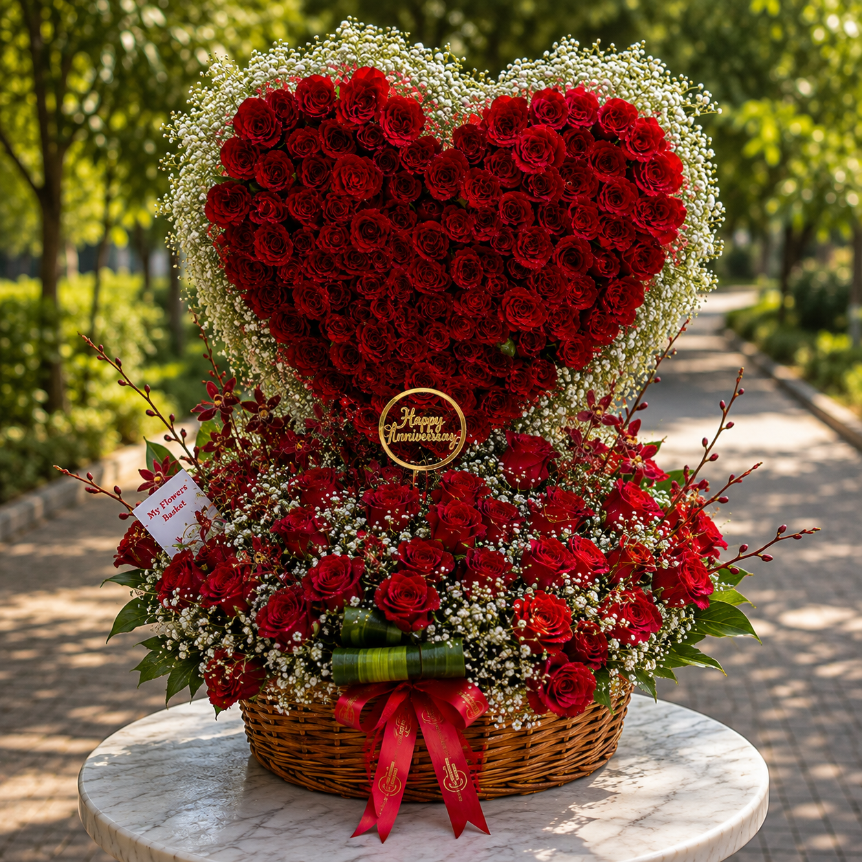 250 red roses heart-shaped arrangement with red spider orchids in a round basket