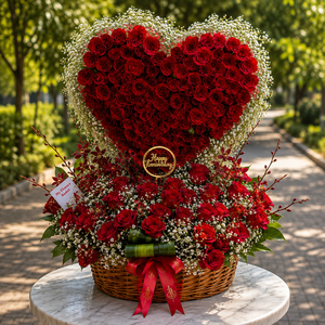 Grand 250 Red Rose Heart Basket with Red Spider Orchids