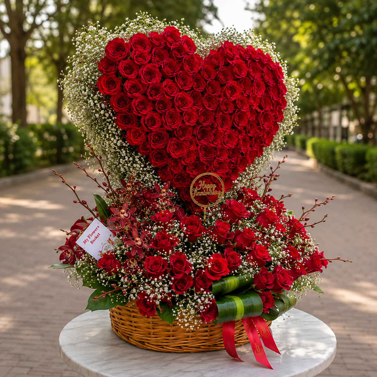 Side view of grand red rose heart arrangement in a round basket