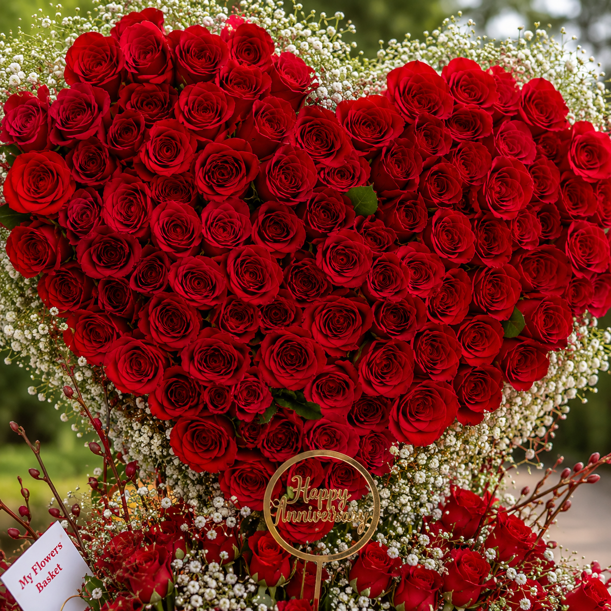 close up250 red rose gift basket with red satin ribbon