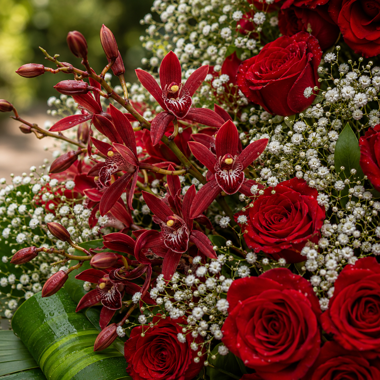 Close-up of 250 red roses with red spider orchids and baby's breath