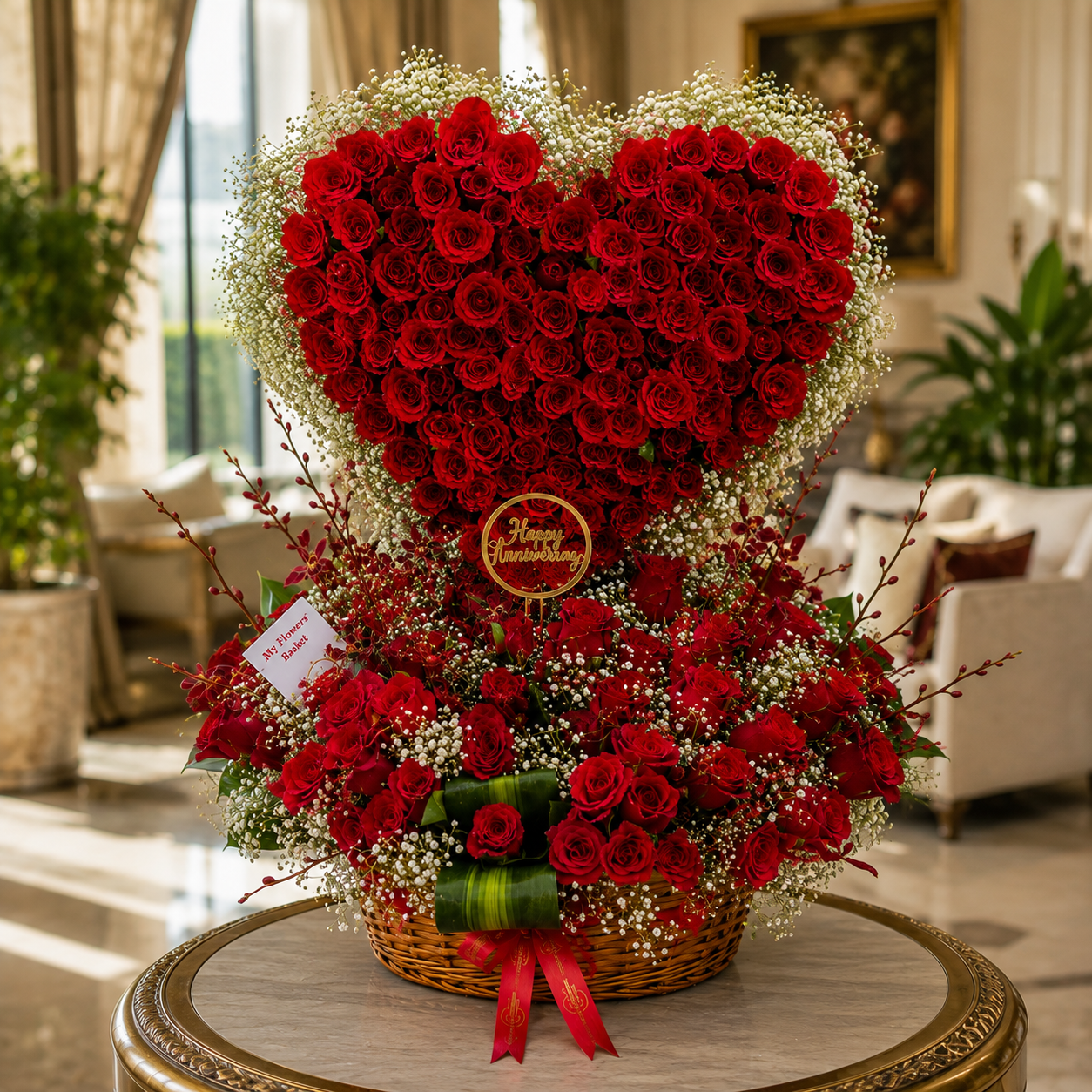 front view 250 red roses heart-shaped arrangement with red spider orchids in a round basket