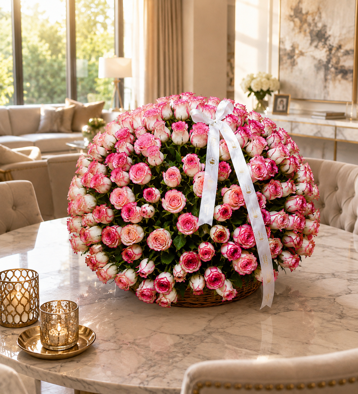 A large round floral arrangement of pink and white roses with a white ribbon bow, displayed on a marble dining table in a bright, upscale living room.