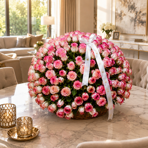 300 Pink & White Roses Basket | Luxury Fresh Flower Arrangement