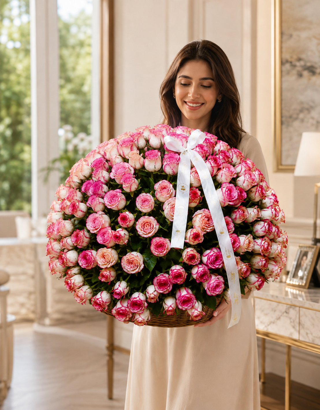 A woman in a cream dress holds a very large, round floral arrangement made of many pink and peach roses with green leaves and a white ribbon bow, photographed indoors in a bright, elegant room.