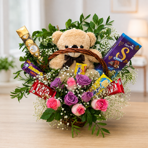 Luxury Teddy, Chocolate & Rose Gift Basket | Fresh Flower Gift Hamper