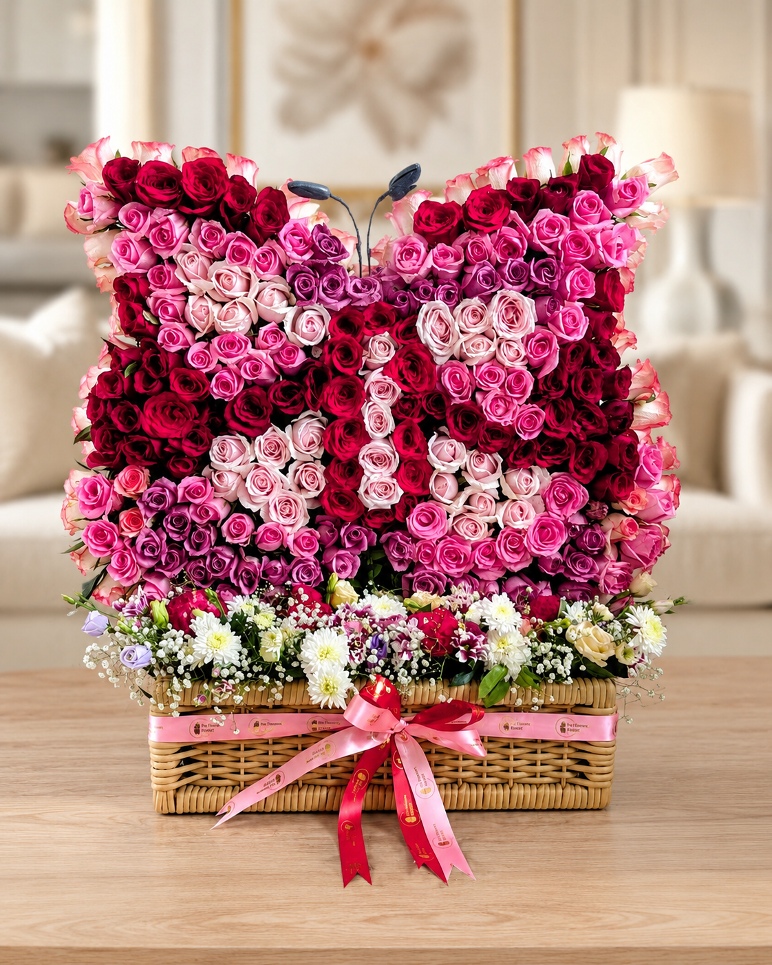 A large floral arrangement shaped like a butterfly, made from many roses in shades of red, pink, magenta, and white, displayed in a woven wicker basket with a pink ribbon bow on a wooden table. A softly blurred living room interior is visible in the background.