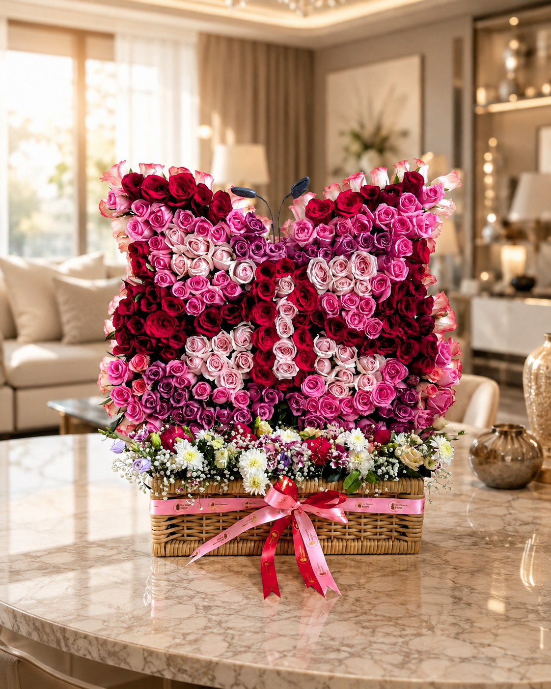 A large floral arrangement shaped like the number 88, made of pink, magenta, red, and purple roses with white filler flowers, displayed in a wicker basket with a pink ribbon on a marble countertop in a bright, modern living room.