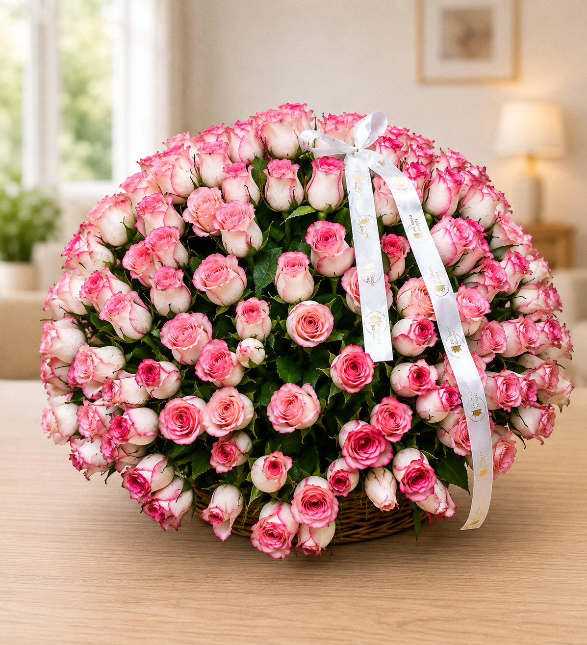 A large round bouquet of pink and white roses in a wicker basket, tied with a white ribbon featuring small gold hearts, placed on a light wood table in a softly lit indoor setting.