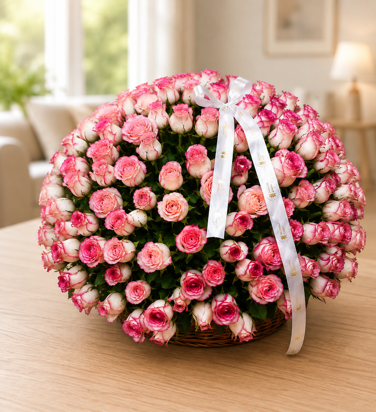 A large round bouquet of pink and white roses in a wicker basket, tied with a white satin ribbon, placed on a light wooden table in a softly lit indoor setting.
