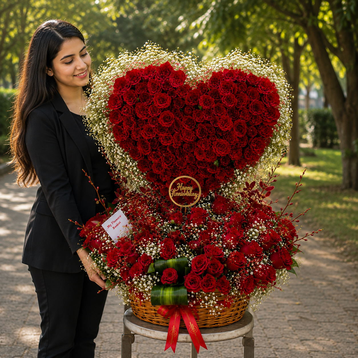 A woman holding Luxury 250 red rose gift basket with red satin ribbon